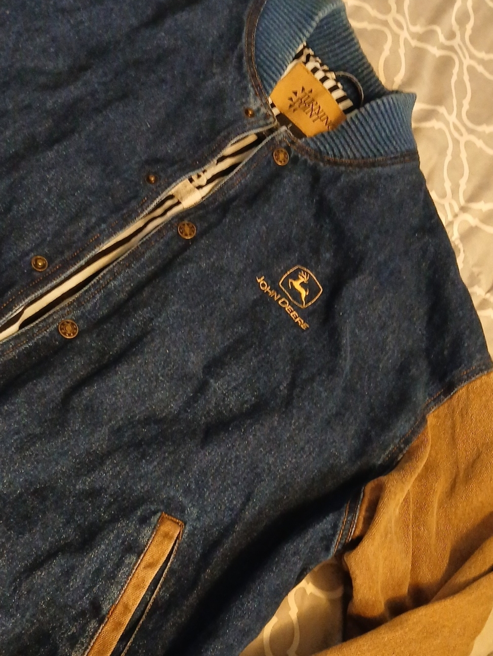 John Deere Blue & Khaki Denim Varsity Jacket 1990s